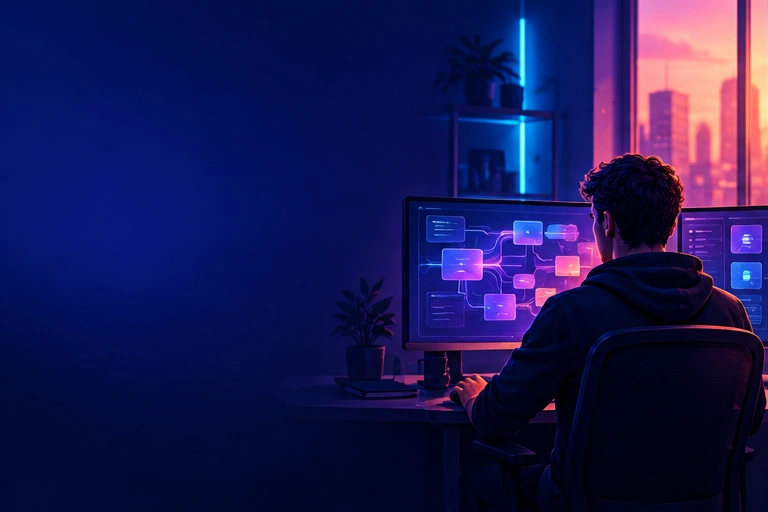 Illustrated learner exploring AI workflows at a neon-lit desk