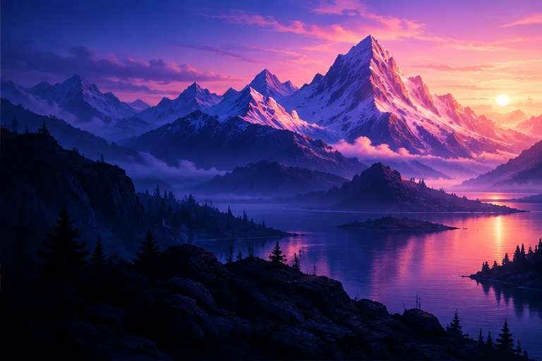 Violet mountain peaks above a blue lake at sunset